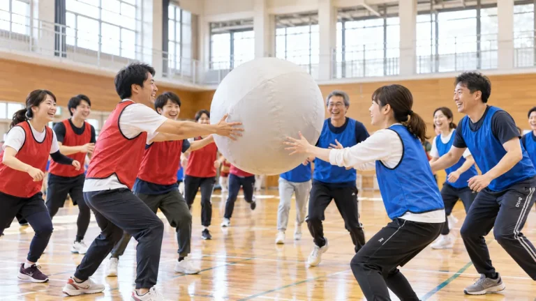 企業運動会で大玉を使った競技に参加する社員のイメージ
