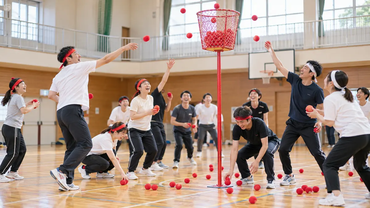 企業運動会で玉入れを楽しむ社員のイメージ