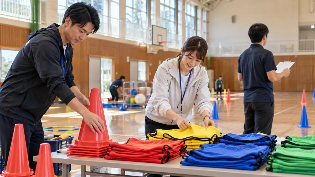 運動会の備品と会場を確認する運営担当者のイメージ